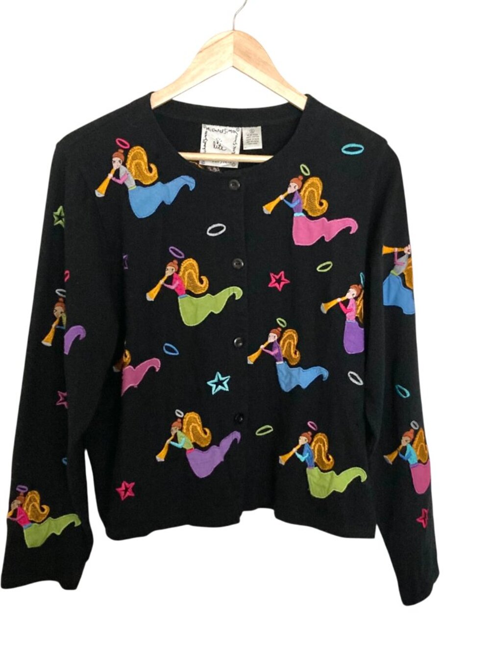 Vintage Michael Simon Lite Embroidered Christmas Angels Cardigan XL RARE Black